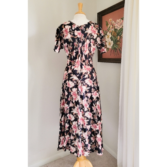 90s Black Floral Bias Cut 1990s Vintage Rayon Gauze V Neck Midi Dress - Picture 6 of 14